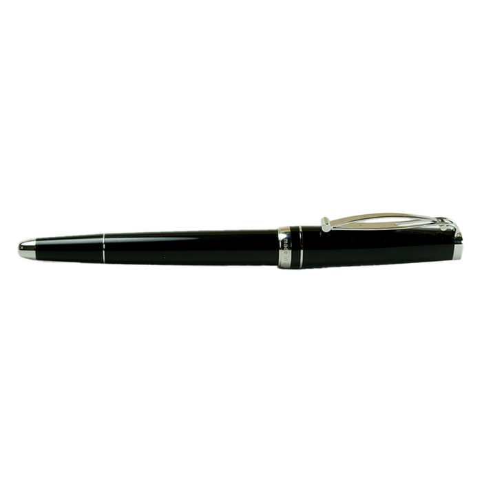 Cleo Skribent Skribent Platinum rollerball pen with black body and silver accents, showcasing a sleek and elegant writing instrument.