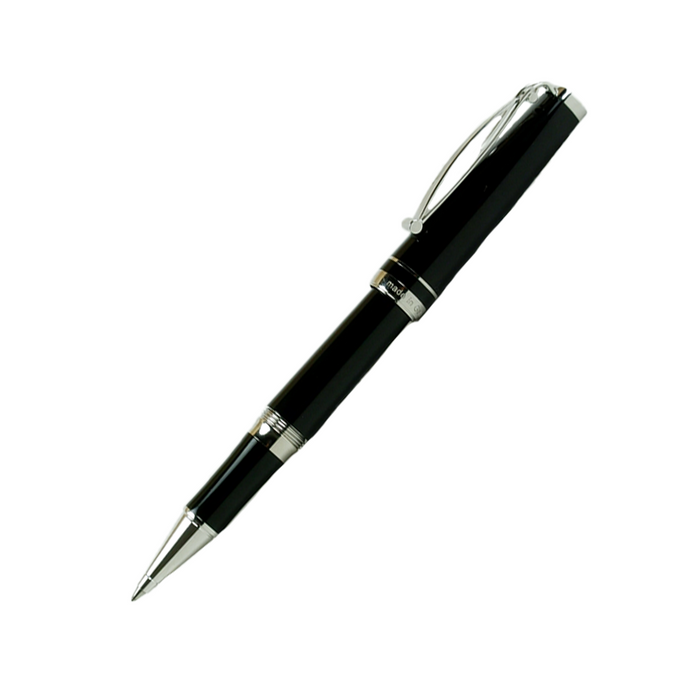 Cleo Skribent Skribent Platinum rollerball pen with black body and silver accents, showcasing elegant writing instrument design.