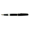 Cleo Skribent Classic Gold fountain pen with black body, gold accents, and open piston nib, showcasing elegant writing instrument design.