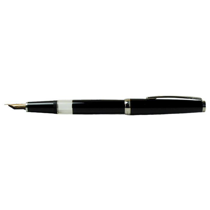 Cleo Skribent Classic Gold fountain pen with black body, gold accents, and open piston nib, showcasing elegant writing instrument design.