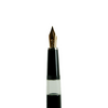 Open Cleo Skribent Classic Gold fountain pen with black body and silver accents, showing the gold nib and piston mechanism.