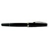 Cleo Skribent Classic Gold fountain pen with black body and open silver nib, featuring a piston fill mechanism.