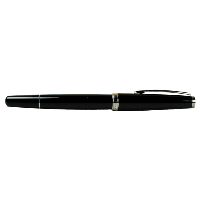 Cleo Skribent Classic Gold fountain pen with black body and open silver nib, featuring a piston fill mechanism.