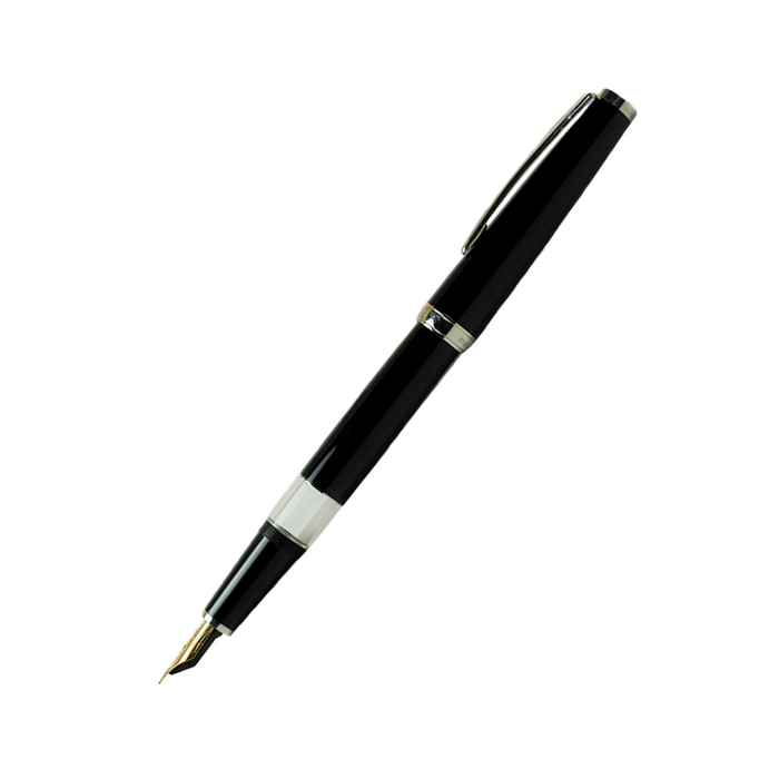 Cleo Skribent Classic Gold fountain pen with black body, gold accents, and open piston nib.