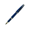 Cleo Skribent Skribent Platinum fountain pen with blue ink and elegant design, showcasing its polished metal body and fine nib.