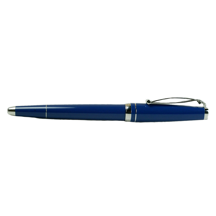 Cleo Skribent Skribent Platinum rollerball pen with sleek blue barrel and silver accents, ideal for smooth writing.
