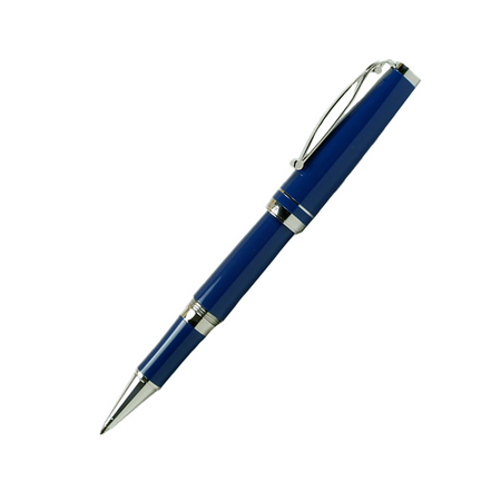 Cleo Skribent Skribent Platinum rollerball pen with sleek blue barrel and silver accents, designed for smooth writing.