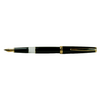 Cleo Skribent Classic Gold fountain pen with black barrel and gold accents, open to show the piston filling mechanism.