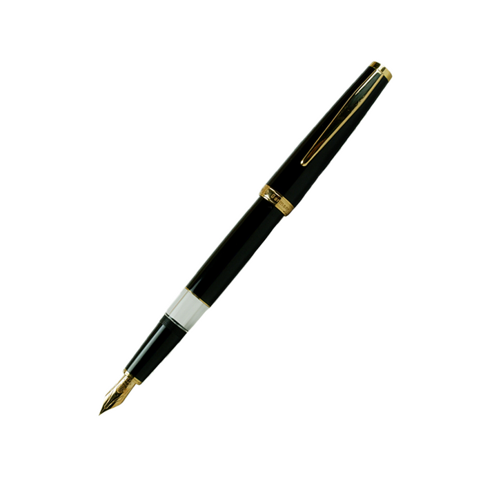 Open Cleo Skribent Classic Gold fountain pen with black barrel and gold accents, showcasing its piston filling mechanism.