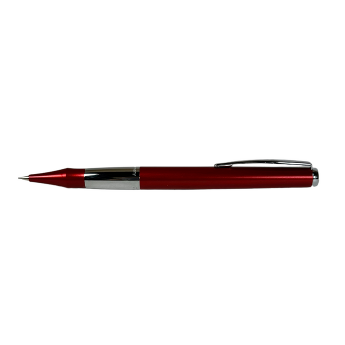 Red Cleo Skribent mechanical pencil with a sleek design, featuring a metal clip and textured grip for precise writing.