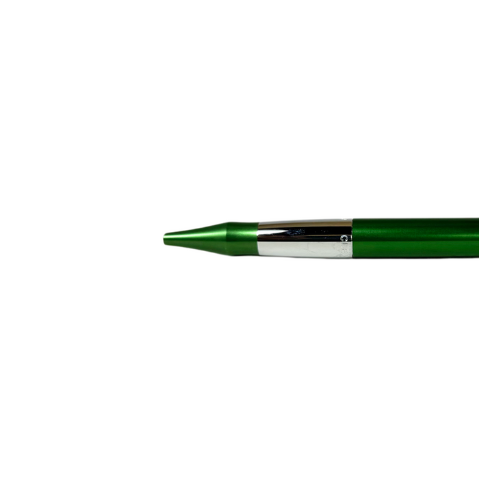 Green Cleo Skribent ballpoint pen with smooth ink flow and sleek design, shown against a plain background.