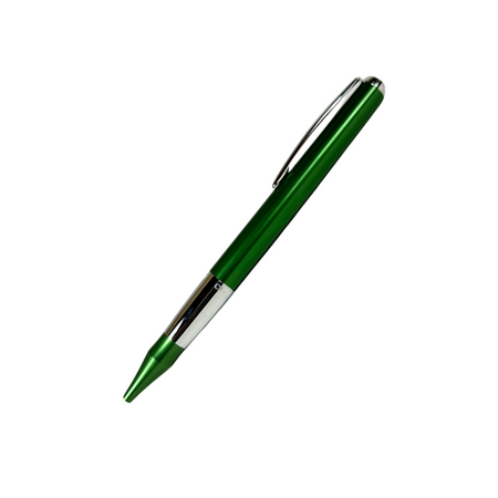 Green Cleo Skribent ballpoint pen with a sleek design, shown in a close-up image highlighting its smooth writing tip.