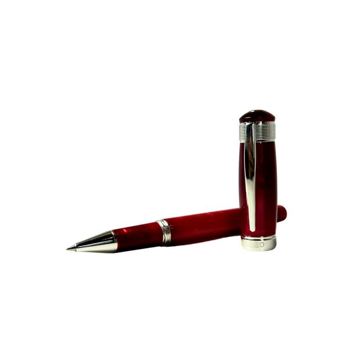 Cleo Skribent Aura red rollerball fountain pen with sleek design and gold accents on a white background.