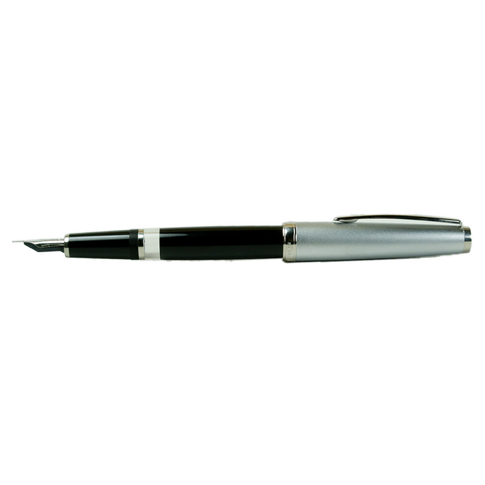 Cleo Skribent Classic Metall fountain pen with black and silver finish, open cap revealing the nib.