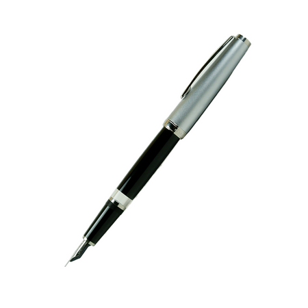 Cleo Skribent Classic Metall fountain pen with black and silver cap and open nib, showcasing elegant design and craftsmanship.