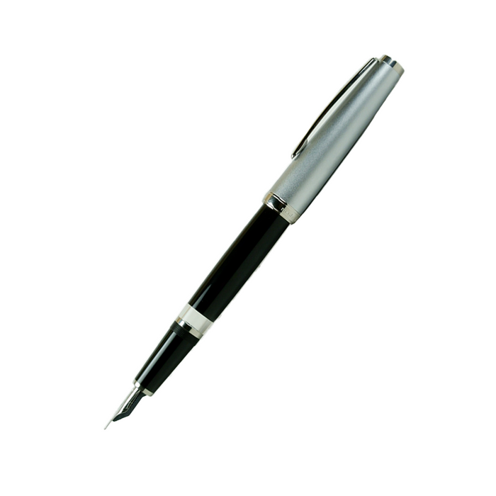 Cleo Skribent Classic Metall fountain pen with black and silver cap and open nib, showcasing elegant design and craftsmanship.