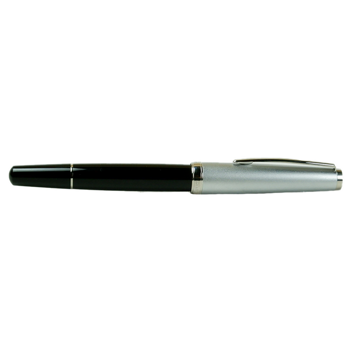 Cleo Skribent Classic Metall fountain pen with black and silver design, open nib showing smooth writing tip.
