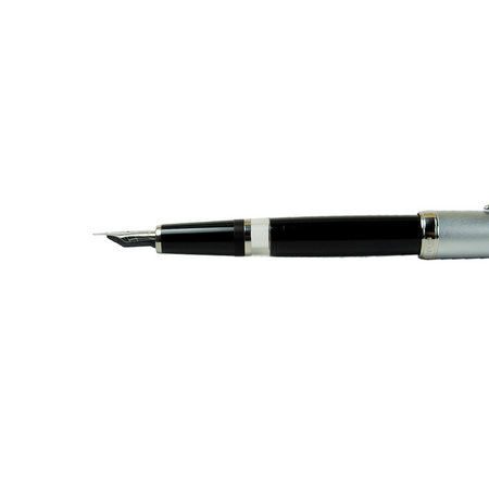 Cleo Skribent Classic Metall fountain pen with black and silver design, featuring a sleek metal body and open nib.