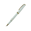 Open Cleo Skribent Classic Gold fountain pen with white barrel and gold accents, featuring a piston mechanism and gold nib.