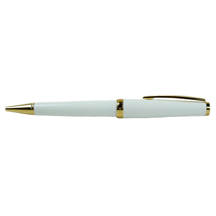 Cleo Skribent Classic Gold rollerball pen with white body and gold accents, sleek and elegant writing instrument