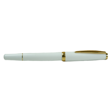 Cleo Skribent Classic Gold fountain pen with white body and open gold nib, featuring piston filling mechanism.