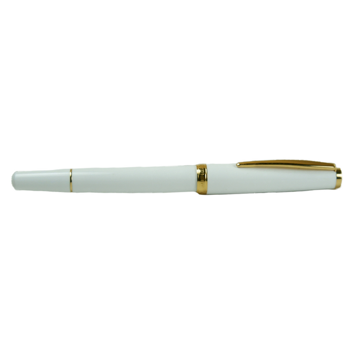 Cleo Skribent Classic Gold fountain pen with white body and open gold nib, featuring piston filling mechanism.