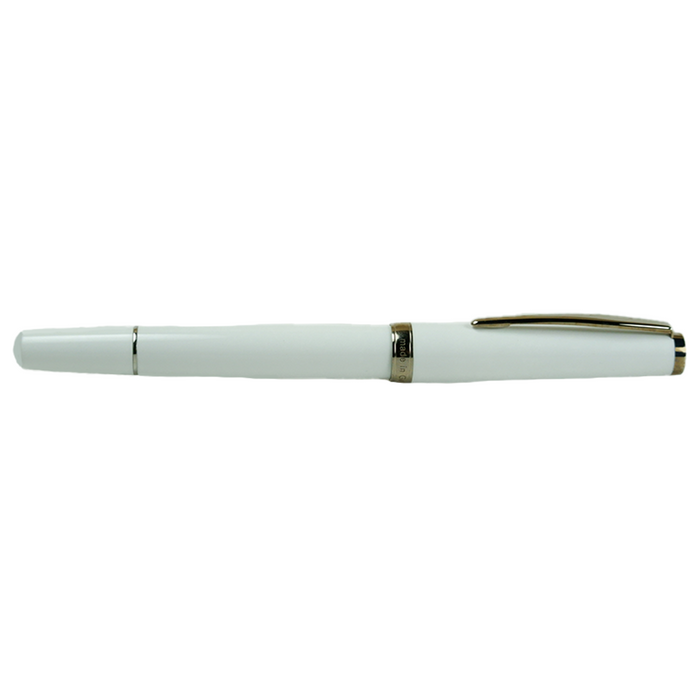 Cleo Skribent Classic Paladium fountain pen with white body, open piston mechanism, 14k gold nib, silver accents, and sleek design.