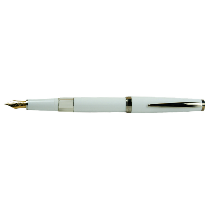 Cleo Skribent Classic Paladium fountain pen with white finish, open piston mechanism, 14k gold nib, silver accents