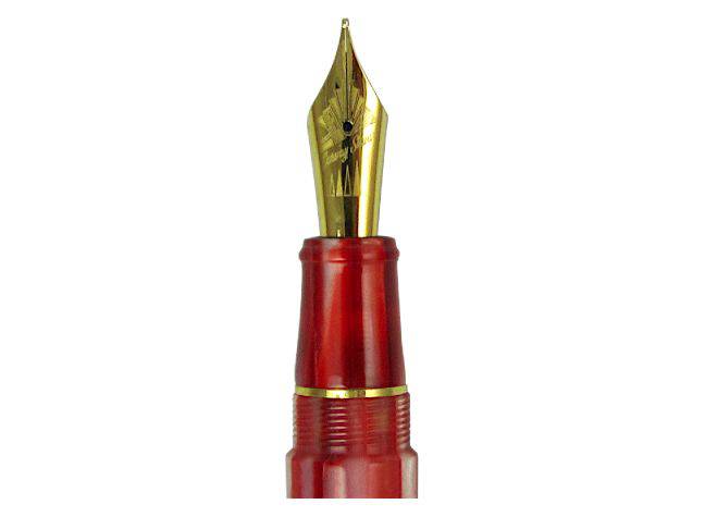 Conway Stewart Series 100 Red Candy Spaghetti fountain pen with an extra-fine nib, showcasing its vibrant red resin body and elegant design.