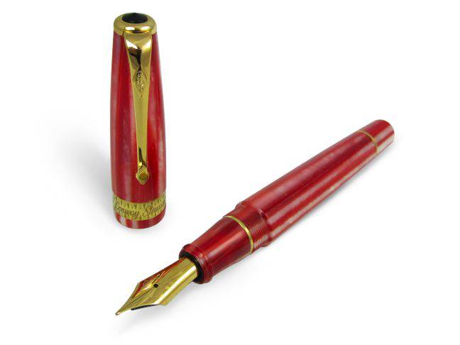 Conway Stewart Series 100 Red Candy Spaghetti fountain pen with an extra-fine nib, sleek design, and vibrant red resin body.