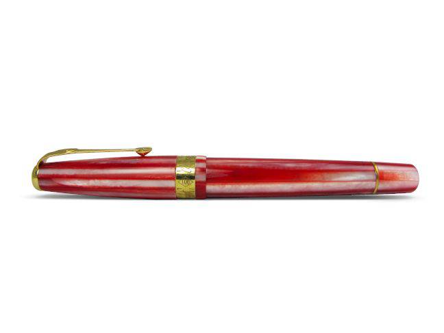 Conway Stewart Series 100 red candy spaghetti fountain pen with an extra-fine nib, showcasing its vibrant red resin body and elegant design.