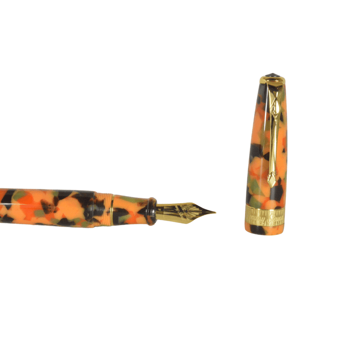 Conway Stewart Model 100 Arlecchino fountain pen with a fine nib, showcasing its elegant design and polished finish.