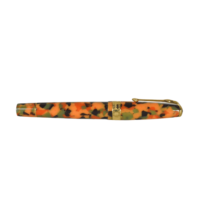 Conway Stewart Model 100 Arlecchino fountain pen with a fine nib, featuring a colorful, patterned barrel and gold accents.