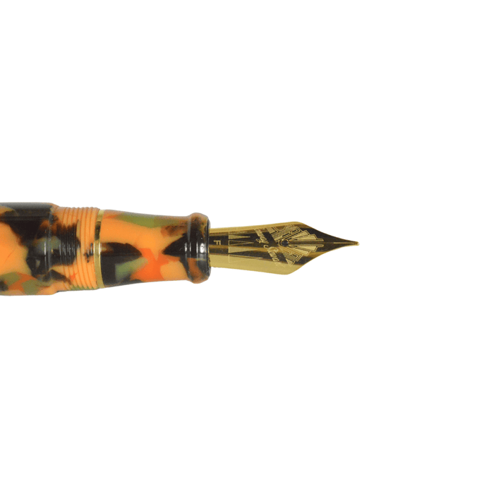 Conway Stewart Model 100 Arlecchino fountain pen with a fine nib in a sleek design, shown with the pen cap removed.
