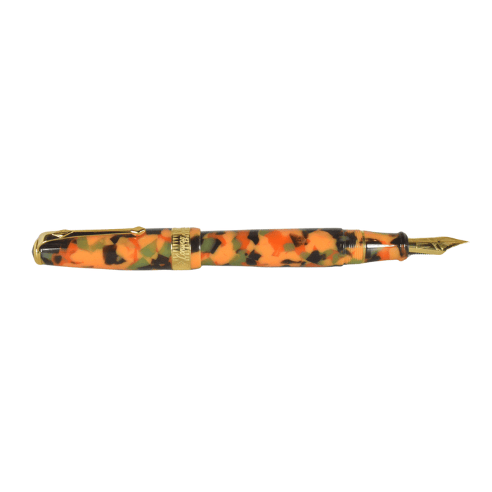 Conway Stewart Model 100 Arlecchino fountain pen with gold nib and colorful marbled resin body, elegant writing instrument.