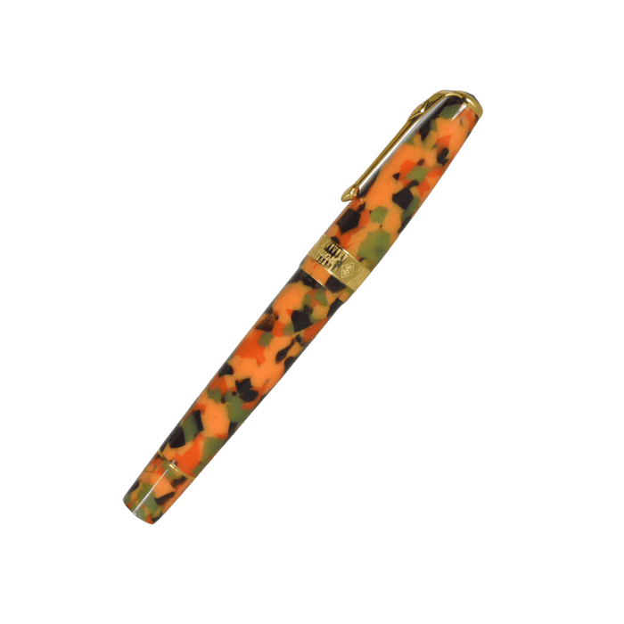 Conway Stewart Model 100 Arlecchino fountain pen with a fine nib, featuring a colorful, patterned design and smooth black grip.