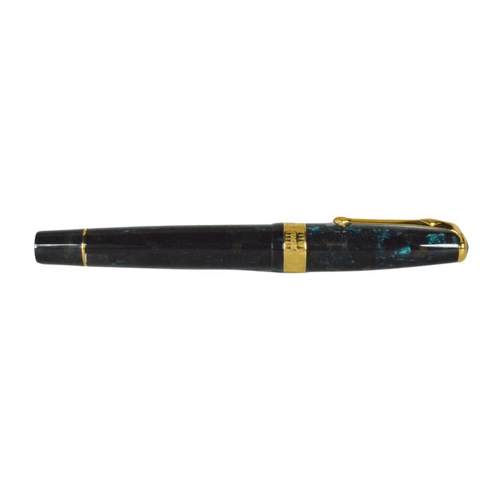Conway Stewart Model 100 Blue Lace fountain pen with gold accents and fine nib, displayed on a white background.