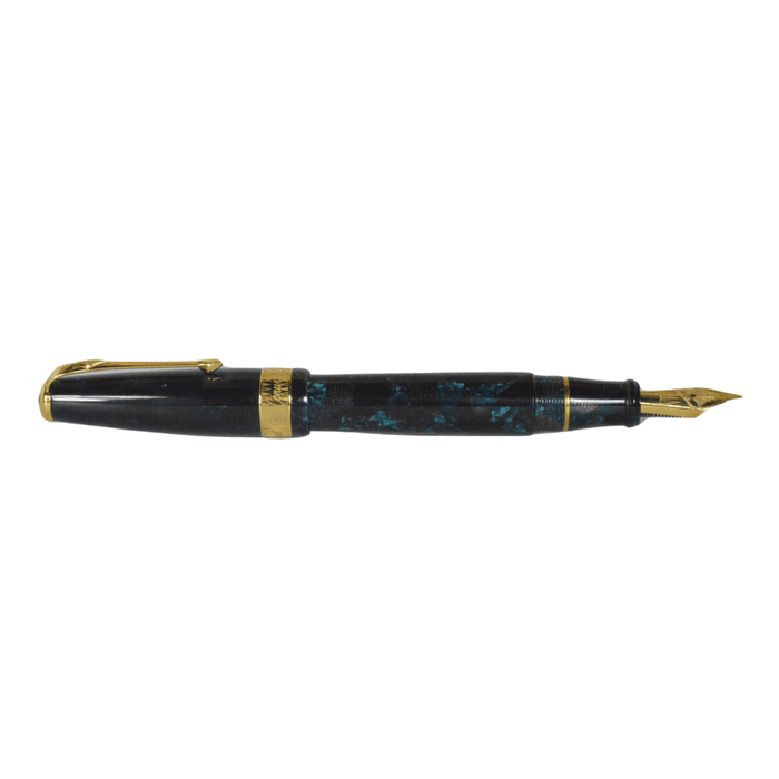 Conway Stewart Model 100 Blue Lace fountain pen with fine nib, showcasing its elegant blue lace design and polished metal accents.