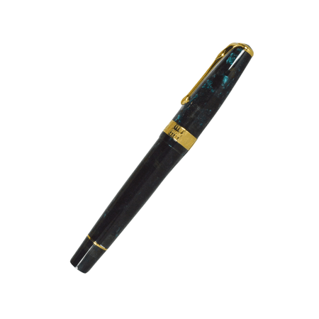 Conway Stewart Model 100 Blue Lace fountain pen with gold accents and fine nib, showcasing elegant design and craftsmanship.