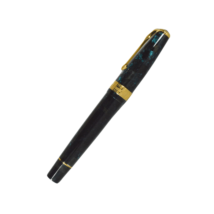 Conway Stewart Model 100 Blue Lace fountain pen with gold accents and fine nib, showcasing elegant design and craftsmanship.