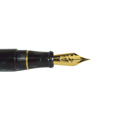 Conway Stewart Model 100 Blue Lace fountain pen with gold accents and a fine nib, displayed on a white background.