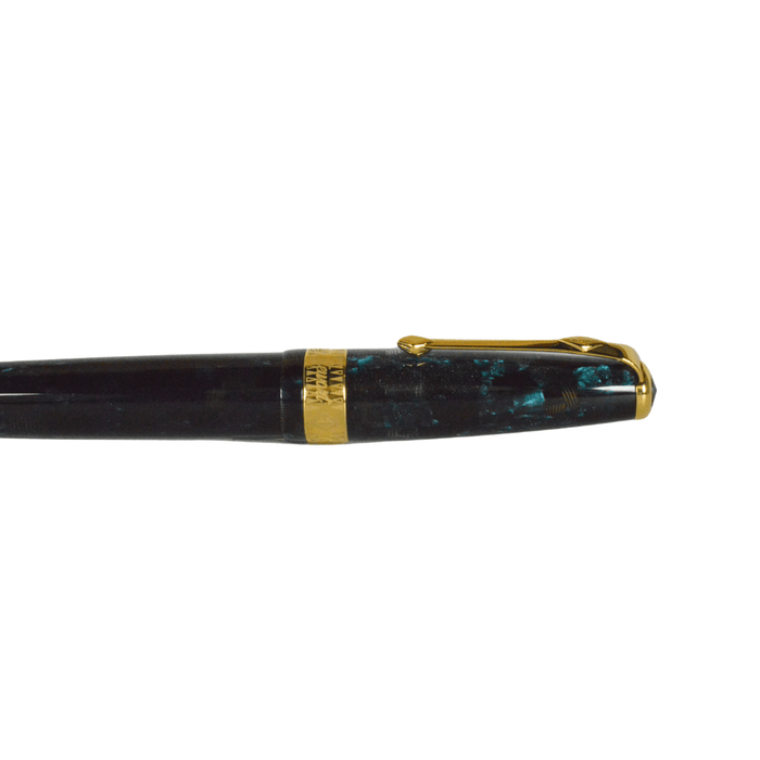Conway Stewart Model 100 Blue Lace fountain pen with gold accents and fine nib, showcasing its elegant design and vibrant blue lacquer finish.