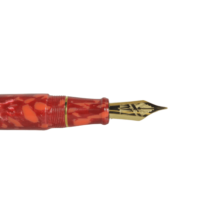 Conway Stewart Model 100 Mosaic Red fountain pen with gold clip and fine nib, showcasing its elegant design and vibrant red finish.