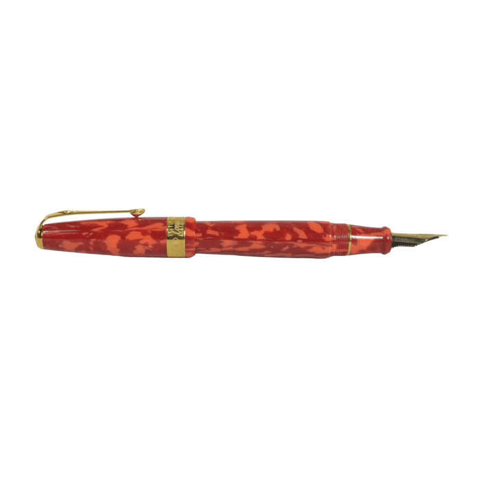 Conway Stewart Model 100 Mosaic Red fountain pen with gold accents and fine nib, showcasing a vibrant red resin body.