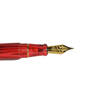 Conway Stewart Model 100 Red Flame fountain pen with gold clip and fine nib, featuring a vibrant red and flame pattern.
