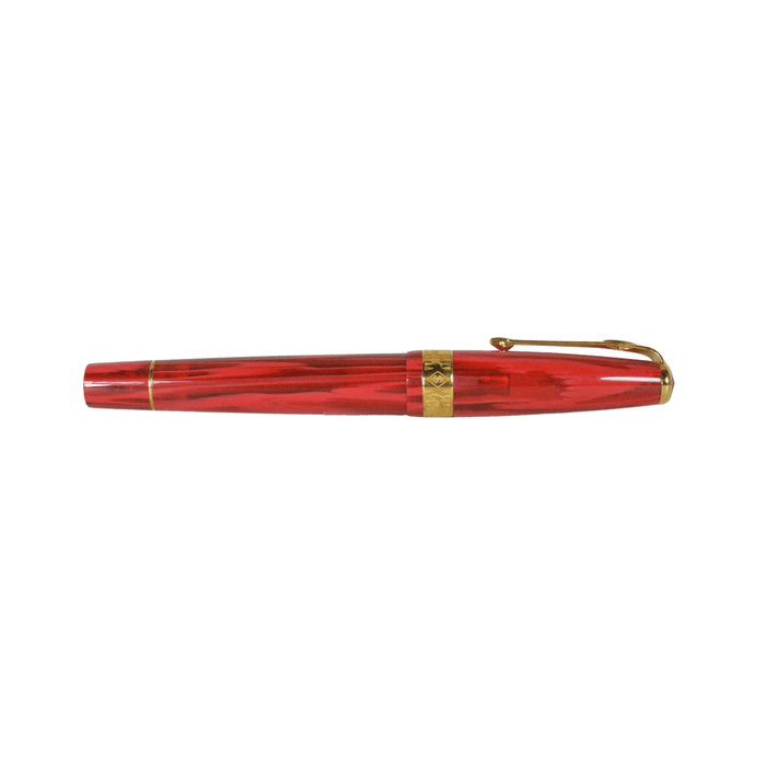 Conway Stewart Model 100 Red Flame fountain pen with gold nib and vibrant red and orange flame design.