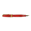 Conway Stewart Model 100 Red Flame fountain pen with fine nib, featuring a glossy red and gold barrel design.