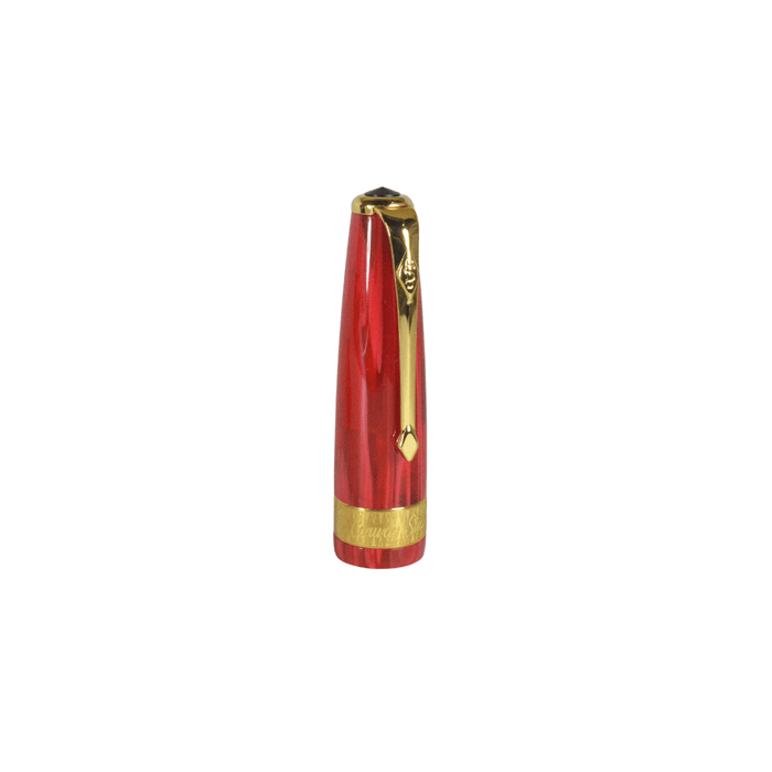 Conway Stewart Model 100 Red Flame fountain pen with gold accents and fine nib, shown in a close-up view.