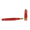 Conway Stewart Model 100 Red Flame fountain pen with gold accents and fine nib, displayed against a neutral background.