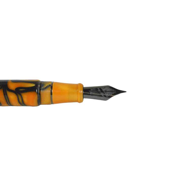 Conway Stewart Model 100 SE Orange Swirl fountain pen with black trim, fine nib, featuring vibrant orange and black design.